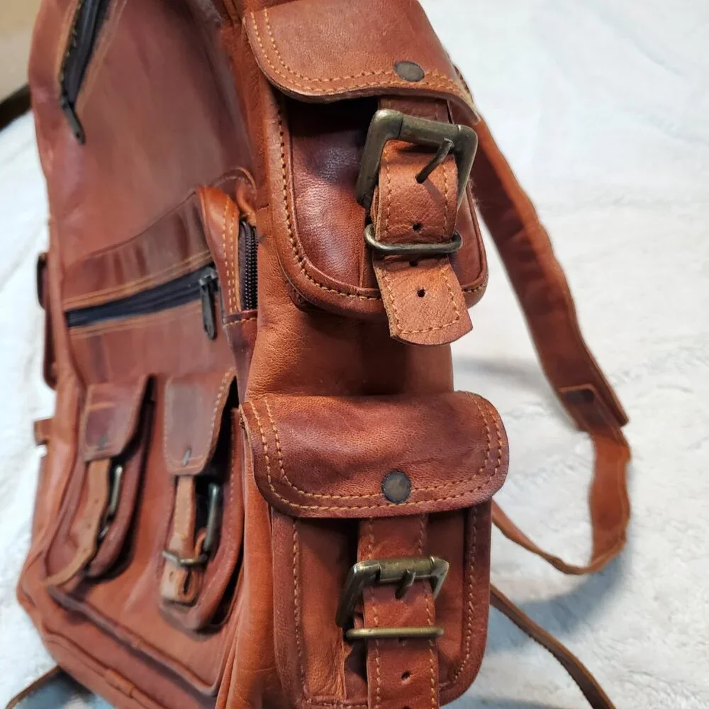Vintage Tan Leather Large Bag Backpack Classic Bohemian Retro Academia Statement